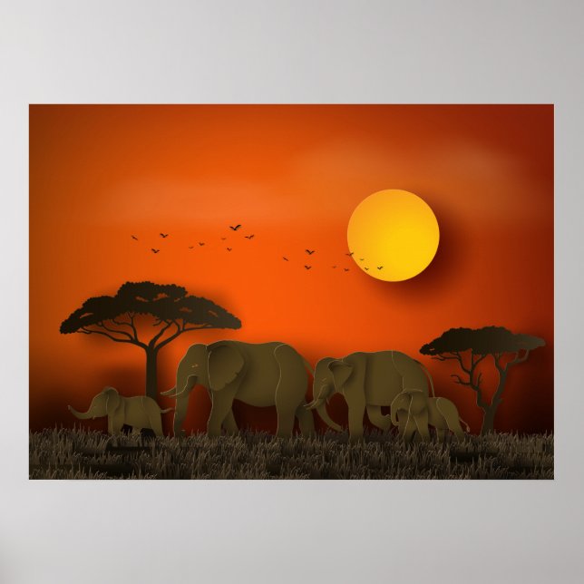 Sunset African savanna Elephants Poster (Front)