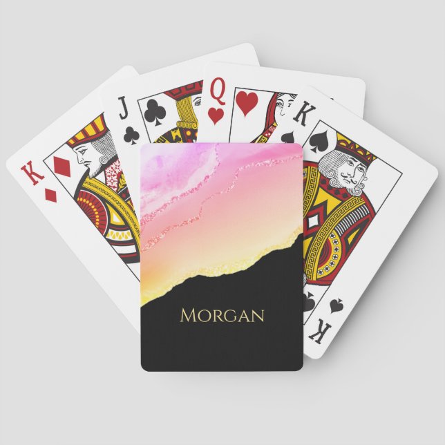 Sunset Agate, Gold Glitter & Name on Black Playing Cards (Back)