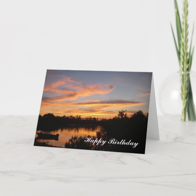 Sunset and Boat Happy Birthday Greeting Card (Front)