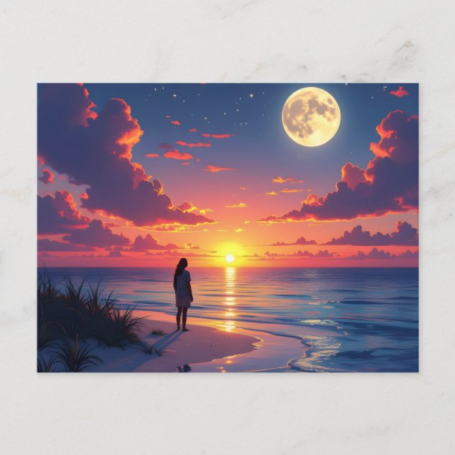 Sunset and moon rising postcard (Front)