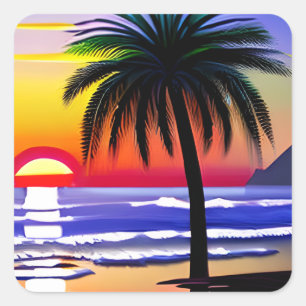 Sunset and Palm Tree Beachy ARt Square Sticker