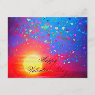 Sunset and scattered hearts valentine postcard