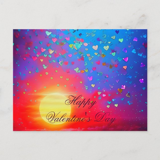Sunset and scattered hearts valentine postcard (Front)