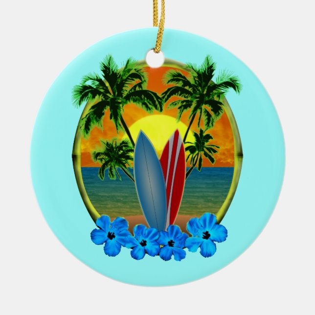 Sunset And Surfboards Ceramic Tree Decoration (Front)