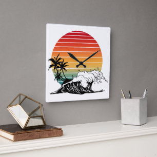 Sunset And Wave Square Wall Clock