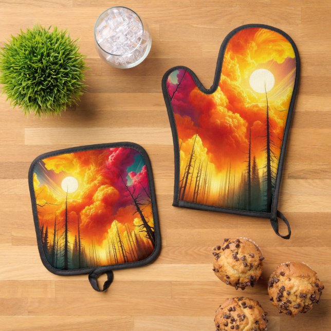Sunset Art Oven Mitt & Pot Holder Set (Top Down)