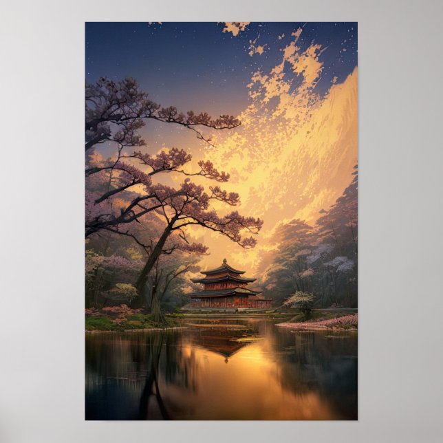 Sunset at an Old Wooden Temple Poster (Front)