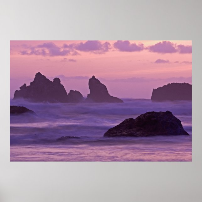 Sunset at Bandon Beach Sea Stacks. Poster (Front)