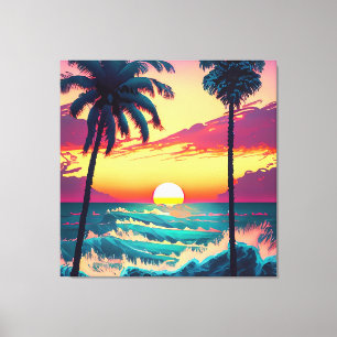 Sunset at beach with Palm trees Painting Canvas Print