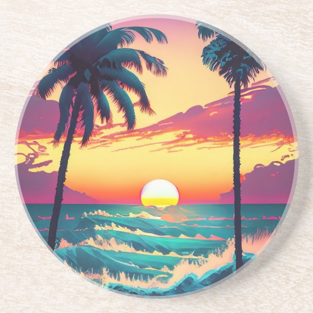 Sunset at beach with Palm trees Painting Coaster (Front)