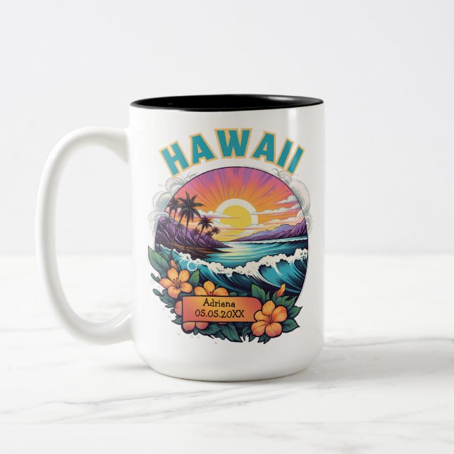Sunset at Hawaii Beach Mountains Tropical Plumeria Two-Tone Coffee Mug (Left)