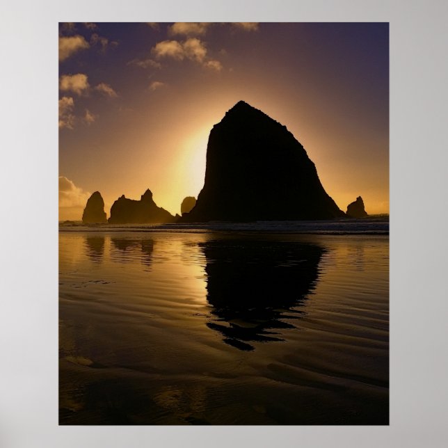SUNSET at HAYSTACK ROCK - CANNON BEACH OREGON Poster (Front)
