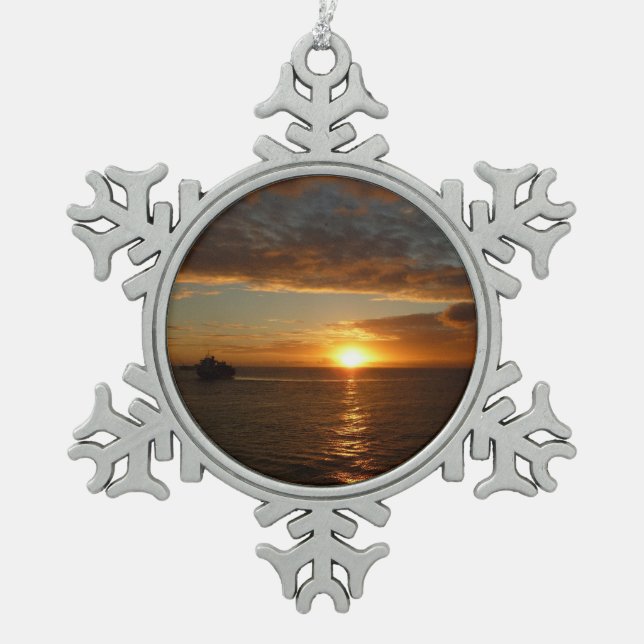 Sunset at Sea II Tropical Seascape Snowflake Pewter Christmas Ornament (Front)