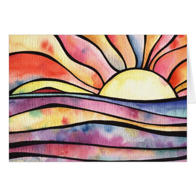 SUNSET AT SEA Watercolor Folded Greeting Card (Front Horizontal)