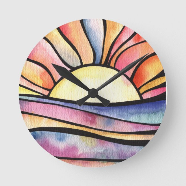 SUNSET AT SEA Watercolor Round Clock (Front)