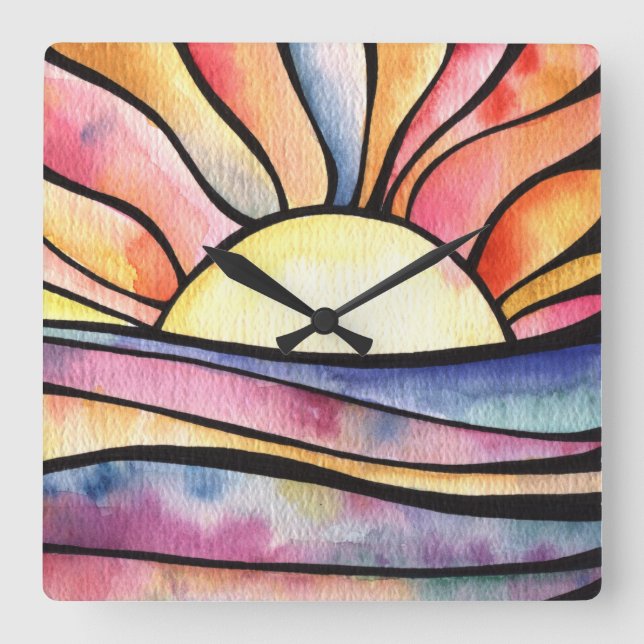 SUNSET AT SEA Watercolor Square Clock (Front)