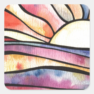 SUNSET AT SEA Watercolor Square Sticker