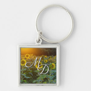 Sunset At Sunflower Field Monogram Square Keychain