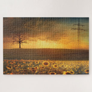 Sunset At Sunflowers Field Puzzle