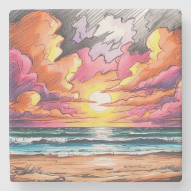 Sunset at the Beach Stone Coaster (Front)