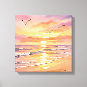 Sunset at the beach with birds canvas print