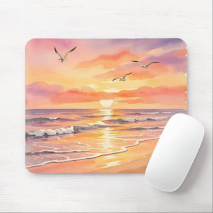 Sunset at the beach with birds mouse mat