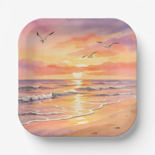 Sunset at the beach with birds paper plate