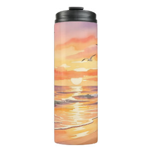 Sunset at the beach with birds thermal tumbler
