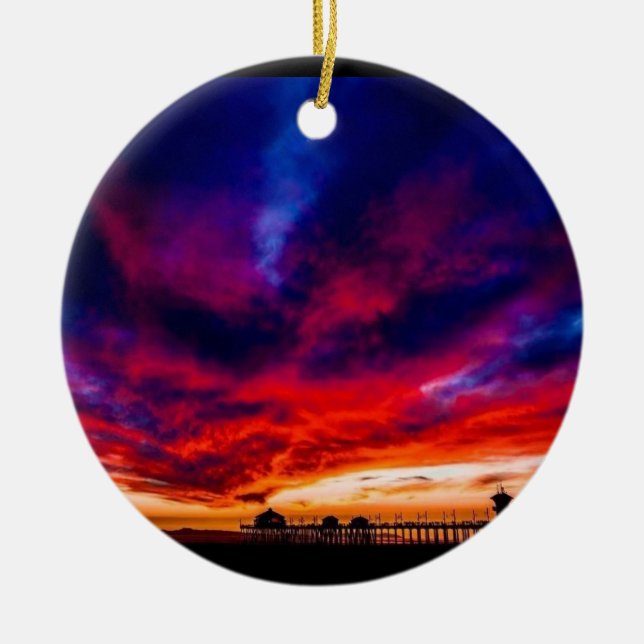 Sunset at the Pier, Huntington Beach, CA Ceramic Tree Decoration (Front)