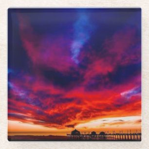 Sunset at the Pier, Huntington Beach, CA Glass Coaster