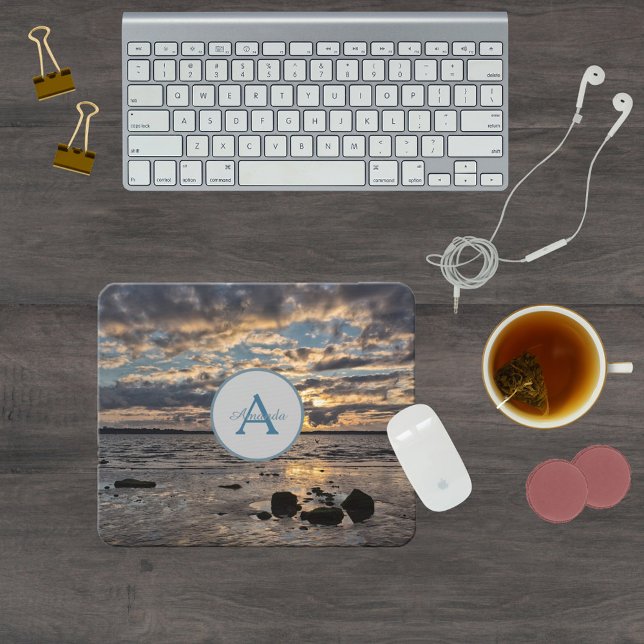 Sunset at the sea photo with monogram and name mouse mat (Creator Uploaded)