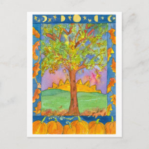 Sunset Autumn Trees Watercolor Landscape Painting Postcard