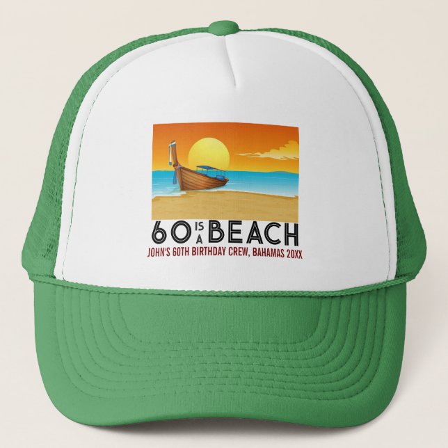 Sunset Beach 60th 70th Birthday Crew Squad Trucker Hat (Front)