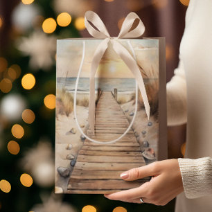 Sunset Beach Boardwalk Watercolor Medium Gift Bag