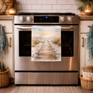 Sunset Beach Boardwalk Watercolor Tea Towel