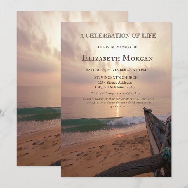Sunset Beach Boat Celebration Of Life Invitation (Front/Back)