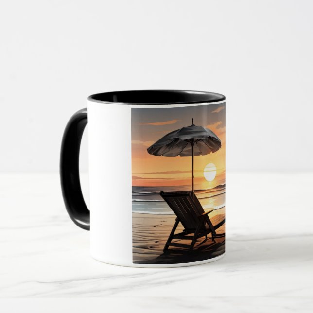 "Sunset Beach Chair Mug - Coastal Relaxation Cup" (Front Left)