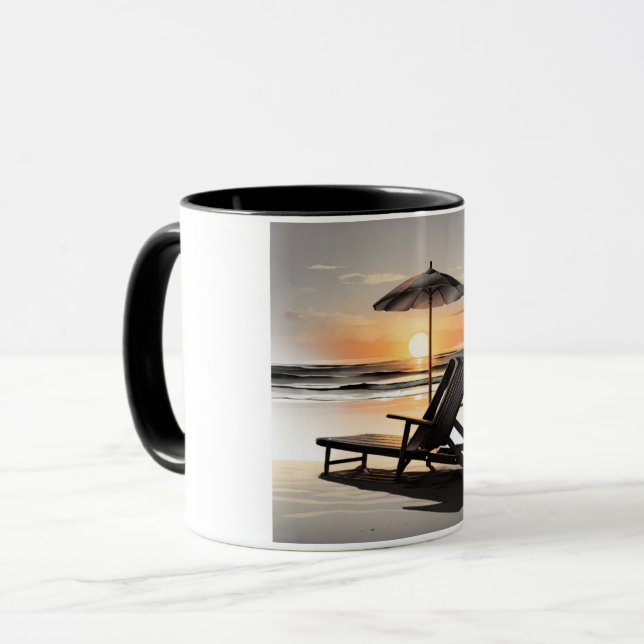 "Sunset Beach Chair Mug - Coastal Relaxation Cup" (Front Left)