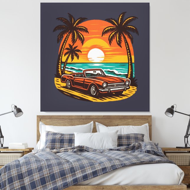 Sunset Beach Drive: Retro Summer Escape Canvas Print (Insitu(Bedroom))