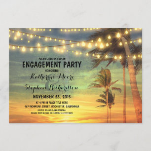 sunset beach engagement party string lights invitation