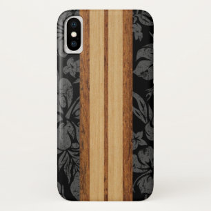 Sunset Beach Faux Wood Surfboard Hawaiian Black iPhone X Case