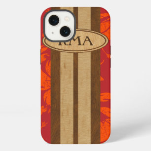 Sunset Beach Faux Wood Surfboard Hawaiian Monogram iPhone 13 Case