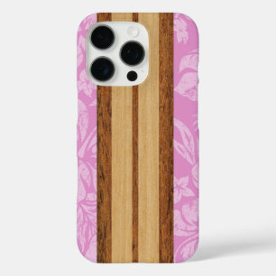 Sunset Beach Faux Wood Surfboard Hawaiian Pink Cas iPhone 16 Pro Case