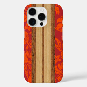 Sunset Beach Faux Wood Surfboard Hawaiian Red iPhone 16 Pro Case