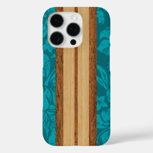 Sunset Beach Faux Wood Surfboard Hawaiian Teal iPhone 16 Pro Case