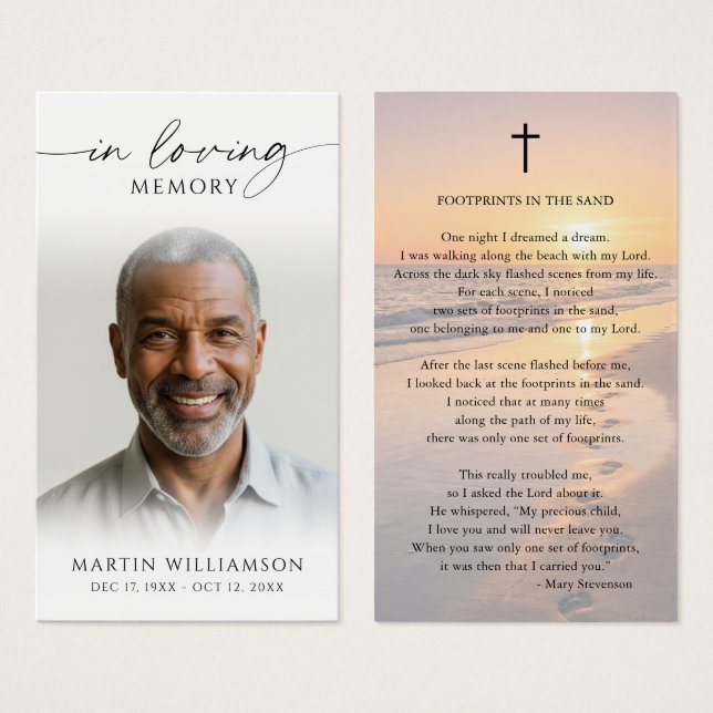 Sunset Beach Footprints Poem Sympathy Prayer Card (Front & Back)