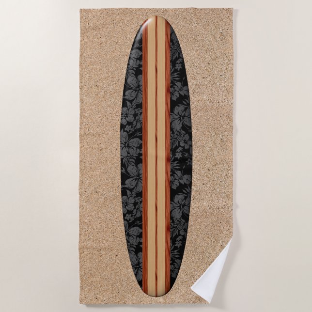 Sunset Beach Hawaiian Faux Wood Surfboard - Black Beach Towel (Front)