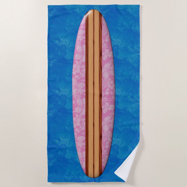 Sunset Beach Hawaiian Faux Wood Surfboard - Pink Beach Towel (Front)