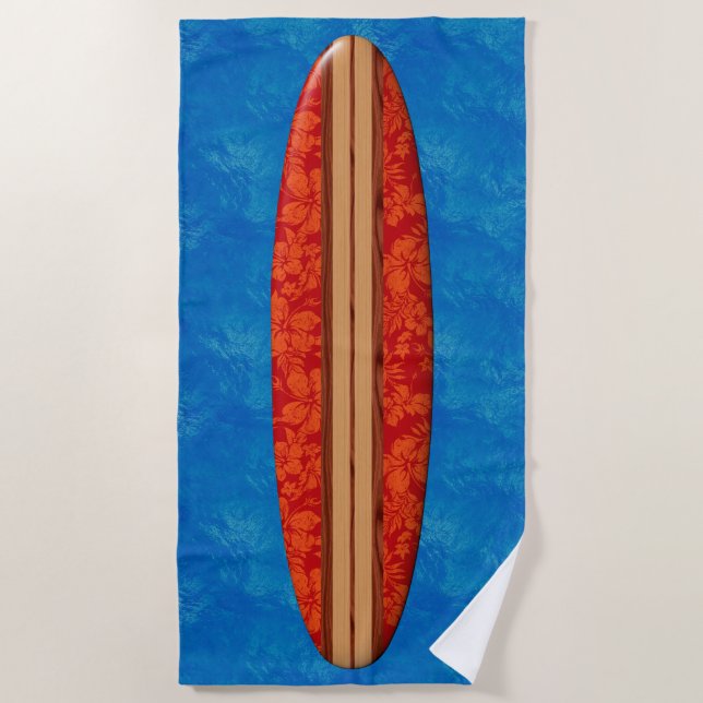 Sunset Beach Hawaiian Faux Wood Surfboard - Red Towel (Front)