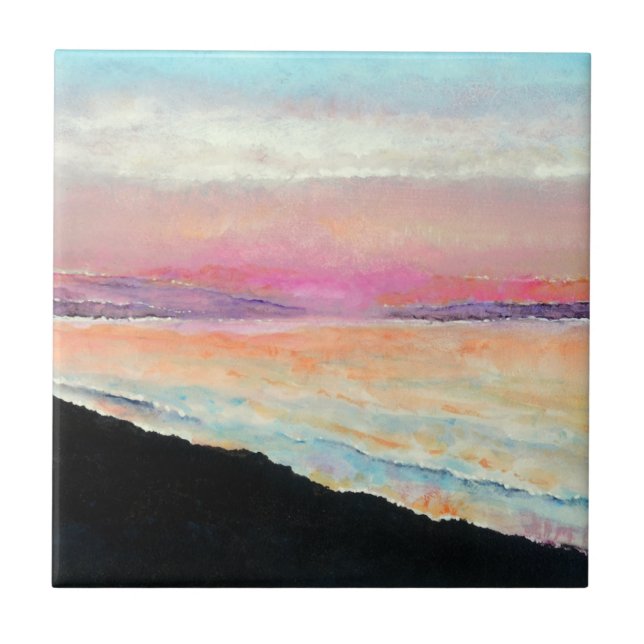 Sunset Beach Lake Pink Blue Painting Tile (Front)